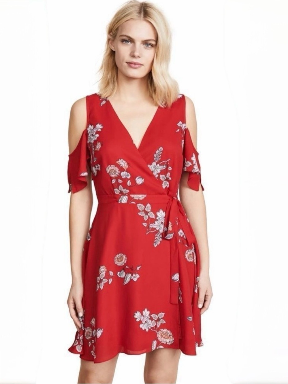 NWT BB Dakota Red Floral Wrap Cold Shoulder Mini Dress Size Small